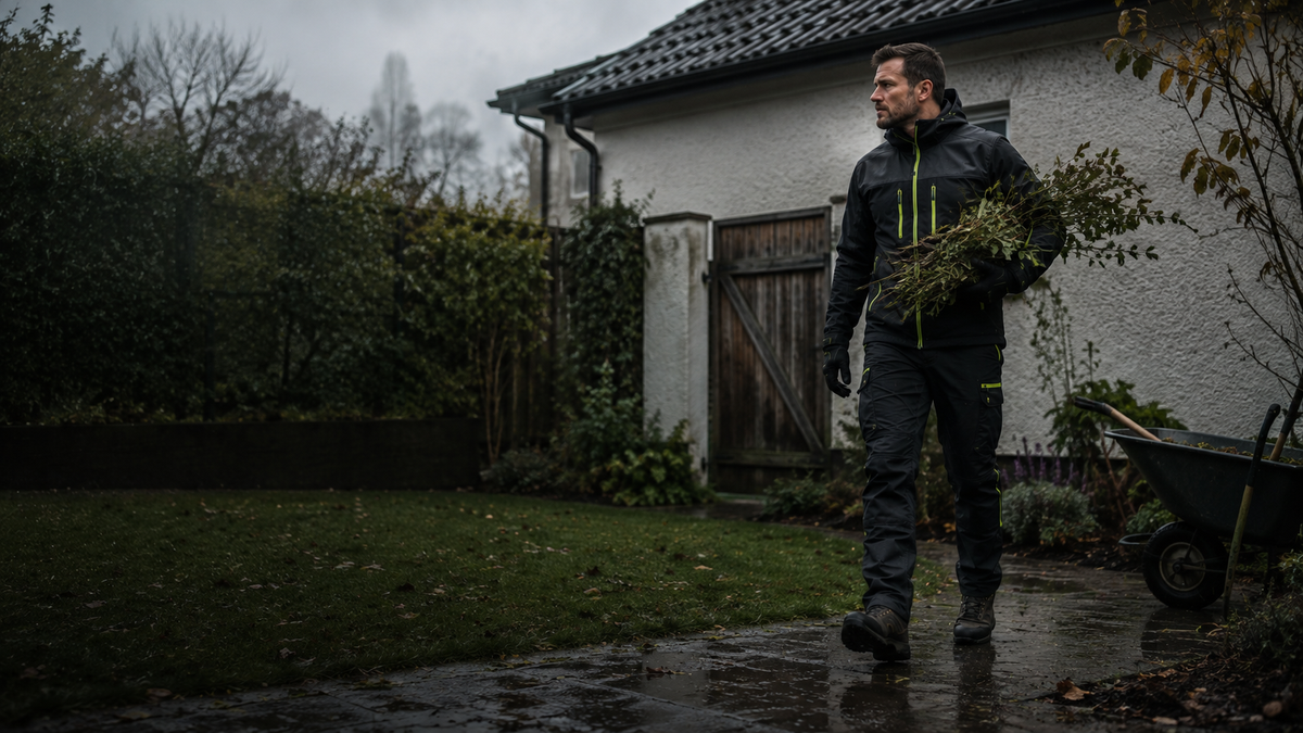UltraLand - carrying pruned branches in a garden after rain